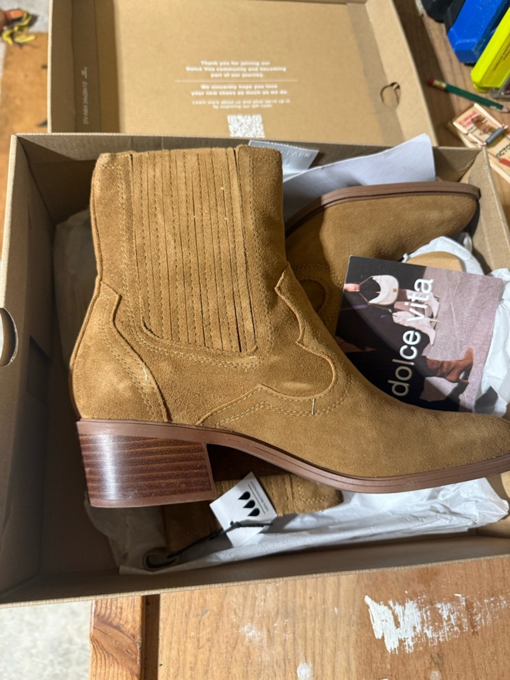 Dolce Vita Cognac Suede Western Ankle Booties